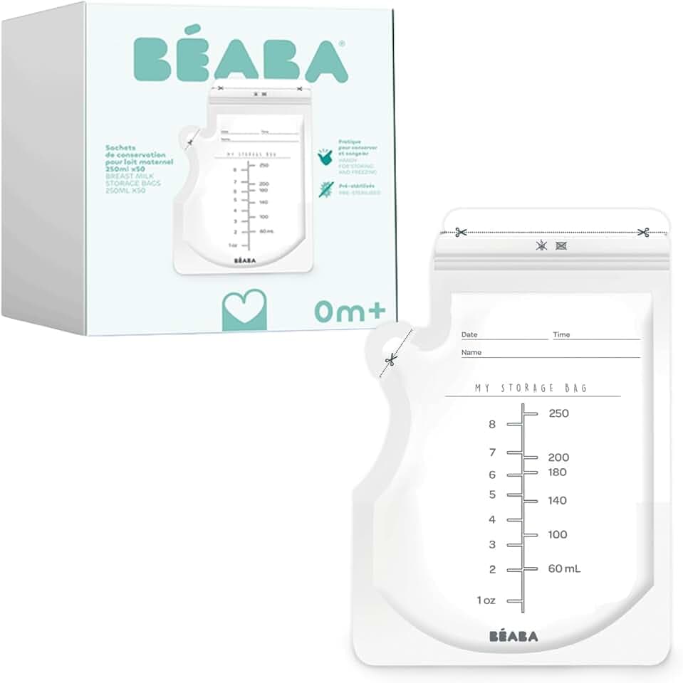 BEABA, 50 Muttermilchbehälter, 250ml, Vorsterilisiert, Einfrieren, Graduieren, Hermetisch, Etikettieren, 250ml
