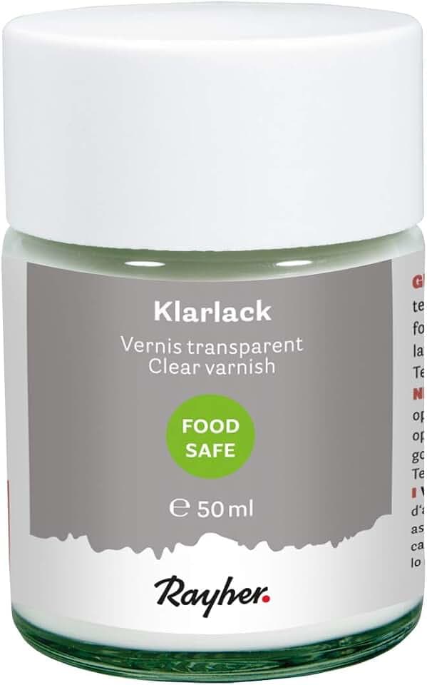 Rayher 35031000 Klarlack food-safe, Dose 50 ml, seidenmatt, transparent, für saugende Untergründe, lebensmittelecht, Speichel- und Schweißecht gemäß DIN 53 160-1/2, Schutzlack, Holzlack