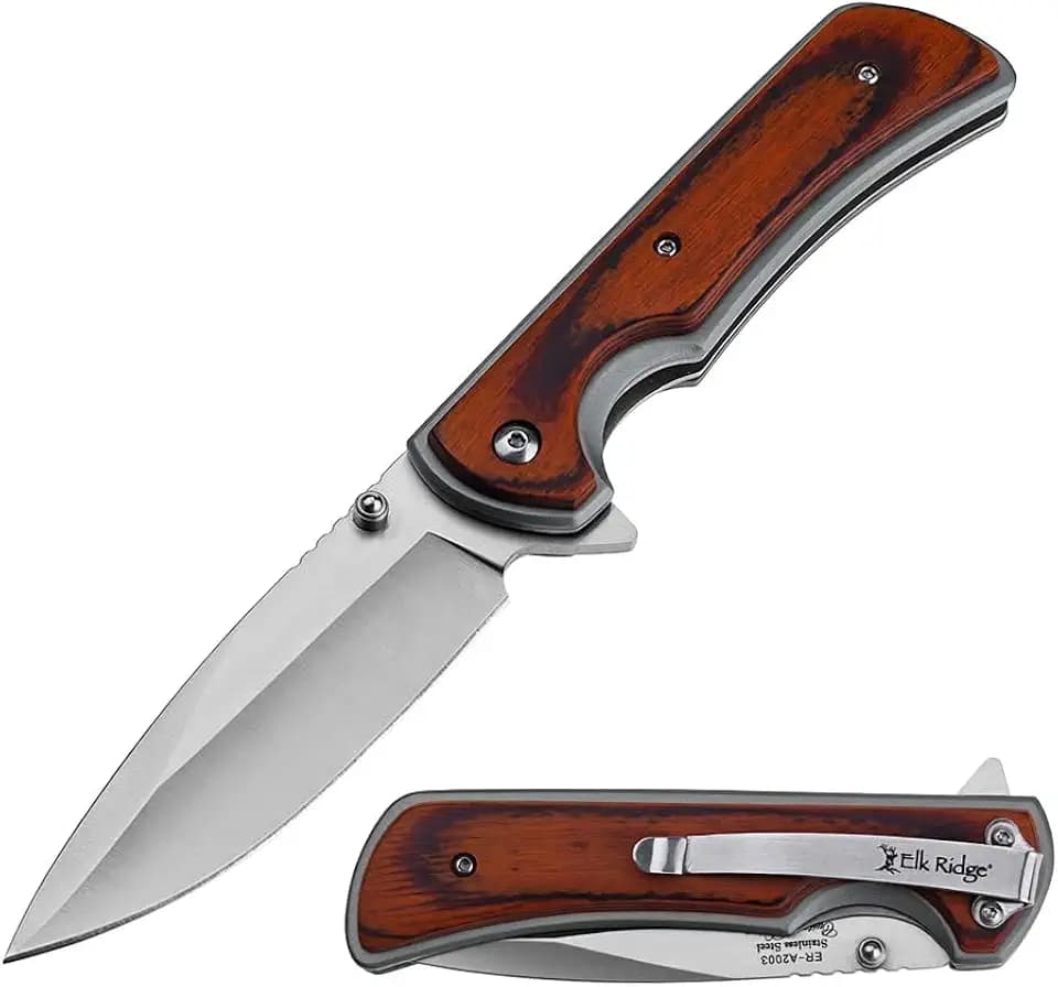 Elk Ridge Drop Point Pocket Folding Knife, 3.57" Blade, Wood Handle with Steel Overlay, 8.07" Overall Length, EDC