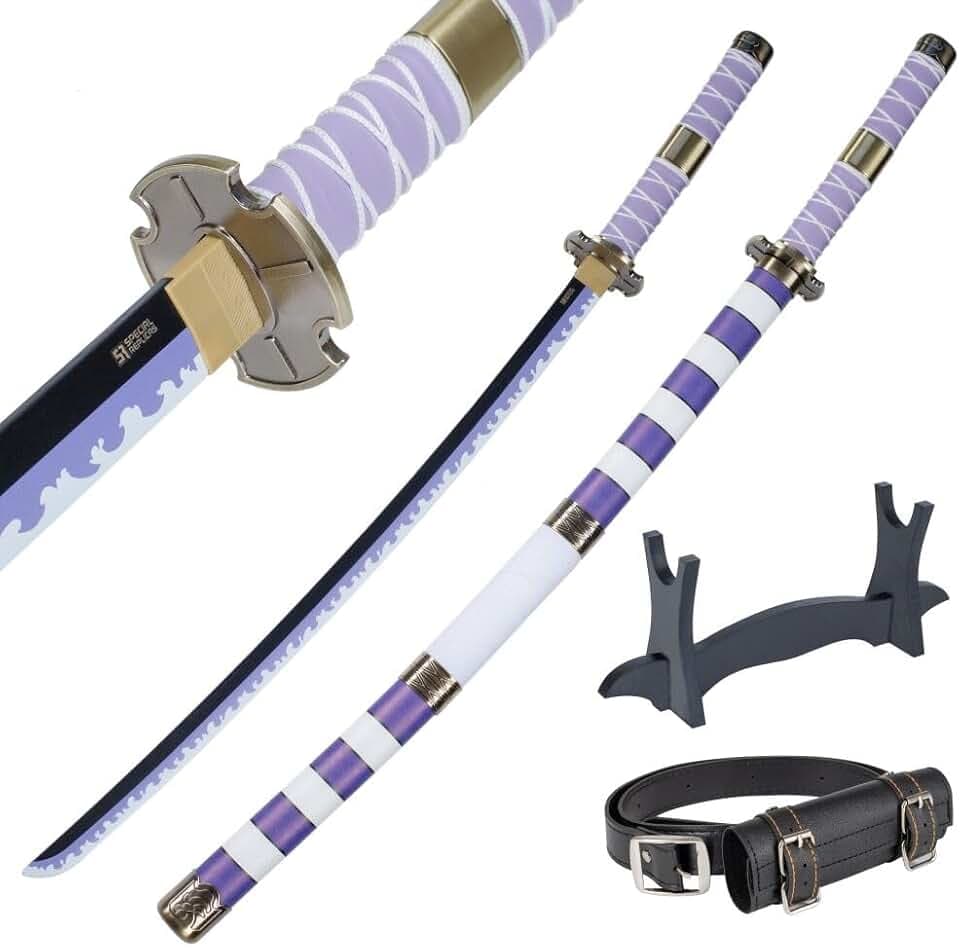 57 SPECIAL REPLICAS Zoro Katana Schwert 105 cm/41 Zoll - Samurai Schwert Holz mit Gürtel, Ständer & Scheide - Holzschwert aus Bambushol für Anime Cosplay - Oonee Piieeccee Schwerter (Nicht Scharf)