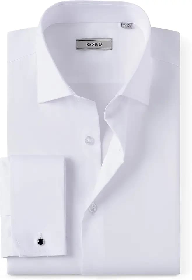 Men's French Cuffs Dress Shirt Stretch Windsor Collar with Removable Collar Stays Long Sleeve Solid