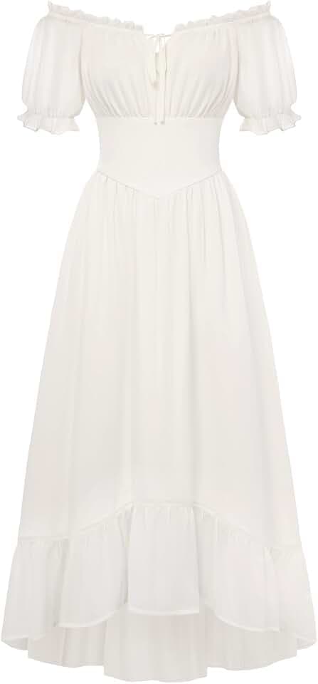 SCARLET DARKNESS Damen Renaissance A-Linie Kleid Schulterfrei Langarm Gesmokte Taille Gestreifte Lange Maxikleider mit Taschen