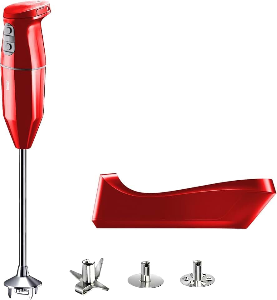bamix Stabmixer Set cordless PRO kabellos, extra lange Achse, inkl. Messer, Quirl, Schlagscheibe aus Edelstahl, 250 Watt, 3-Stufen, Made in Switzerland, Rot