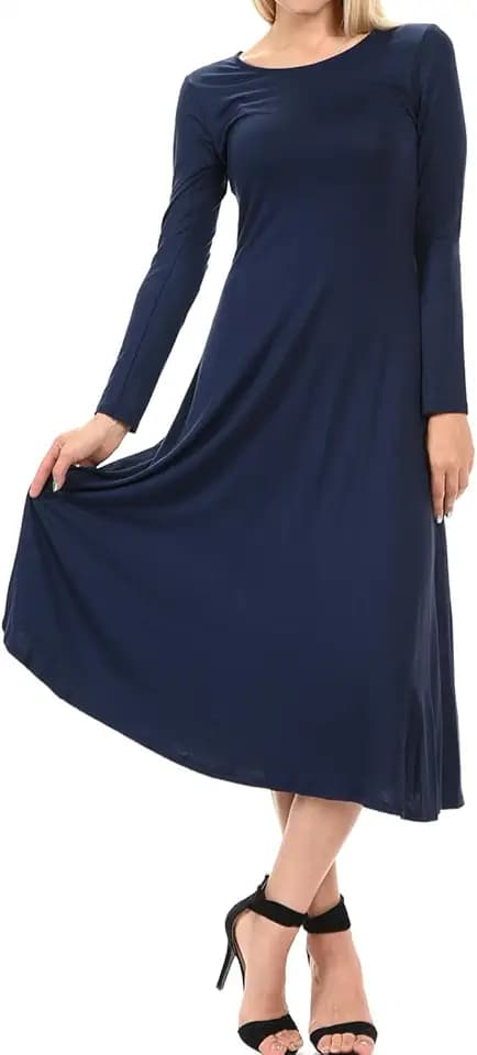 iconic luxe Women's Long Sleeve A-Line Fit and Flare Midi Dress Formal Casual