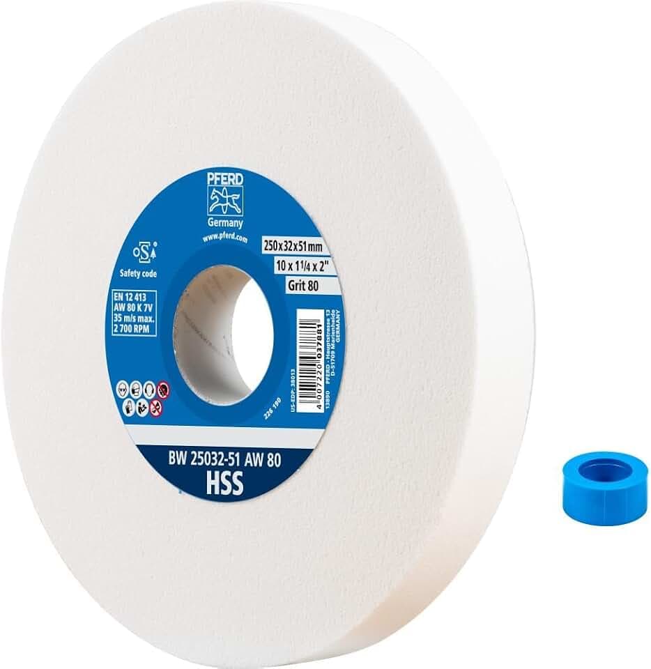 PFERD TOOLS Schleifbockscheibe HSS, 250x32x51mm, A80, 39009705 – Mittelharte Schleifscheibe zum Schärfen von HSS-Bohrern, mit Reduzierhülse (32mm)