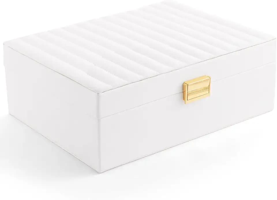 Gifturbo Women’s White Jewelry Box – Compact Travel Jewelry Case with Removable Trays, PU Leather Portable Storage Organizer for Rings, Necklaces, Earrings, and Bracelets