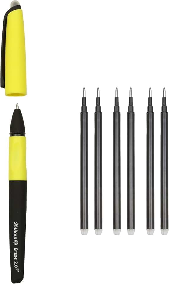 Pelikan Erase 2.0 Ergonomischer radierbarer Tintenroller, schwarze Tinte, für Rechts- und Linkshänder, für die Schule, nachfüllbar, 6 Ersatzminen inklusive