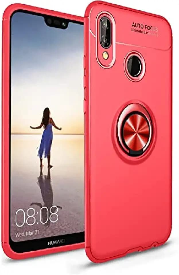 Hülle für Huawei P20 Lite,Weiche kratzfestem stoßfeste TPU-Schutzhülle mit Metallringständer [unterstützt magnetische Autohalterung] fürHuaWei P20 Lite, Rot