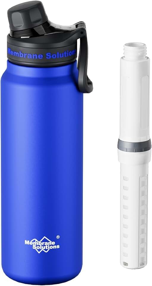 Membrane Solutions C3 Outdoor Wasserfilter Flasche, 900ml(32oz) Edelstahl Trinkflasche mit entnehmbarem Filter, 0,1 μm Filtergenauigkeit, 4000l Filterkapazität, Camping, Survival, Notfall, Blau