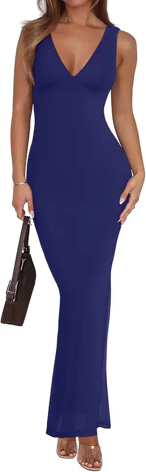 REORIA Women's Summer V Neck Sleeveless Maxi Dress Sexy Mesh Long Dresses