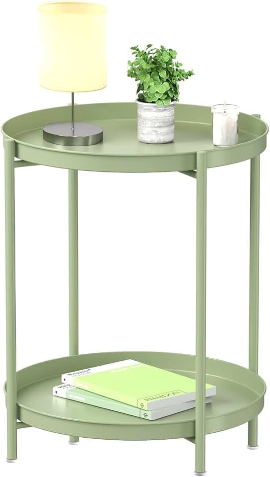 EKNITEY 2 Tier End Table - Metal Side Table with Removable Tray(Atrovirens)