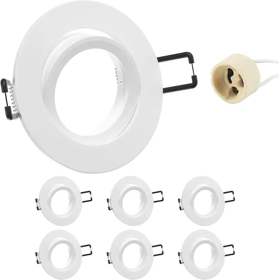 6er Einbaustrahler GU10 Rahmen Aluminium Weiß, Schwenkbar Einbaurahmen Spot Einbauspots Rund Flach 68mm Lochdurchmesser inkl GU10 Fassung für LED Halogen Einbauleuchten Decke, 60-75mm 230V