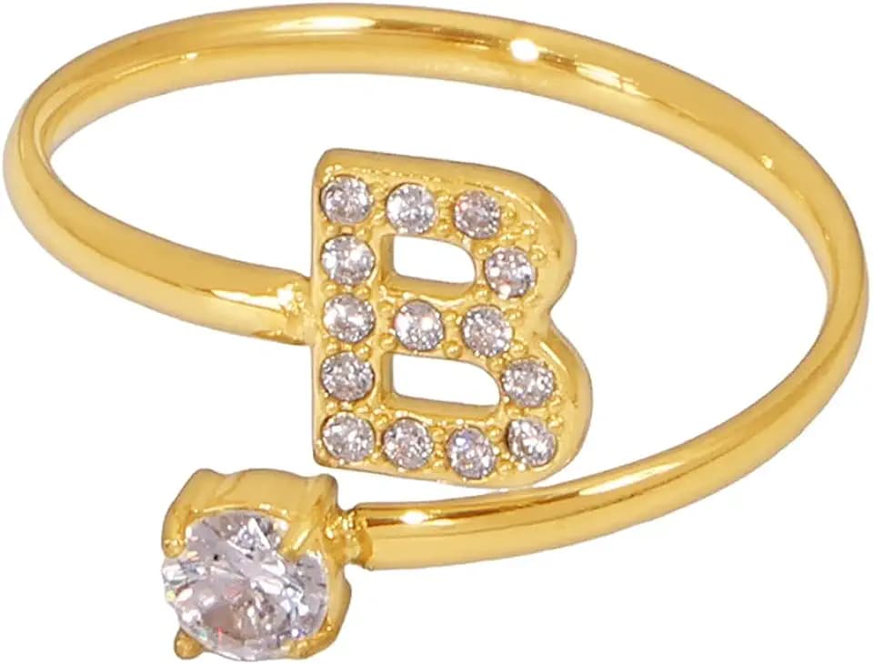 MIREE Gold Initial Letter Ring A-Z-Personalized Stainless Steel Ring with Zircon for Women, Alphabet Jewelry, Lightweight and Hypoallergic