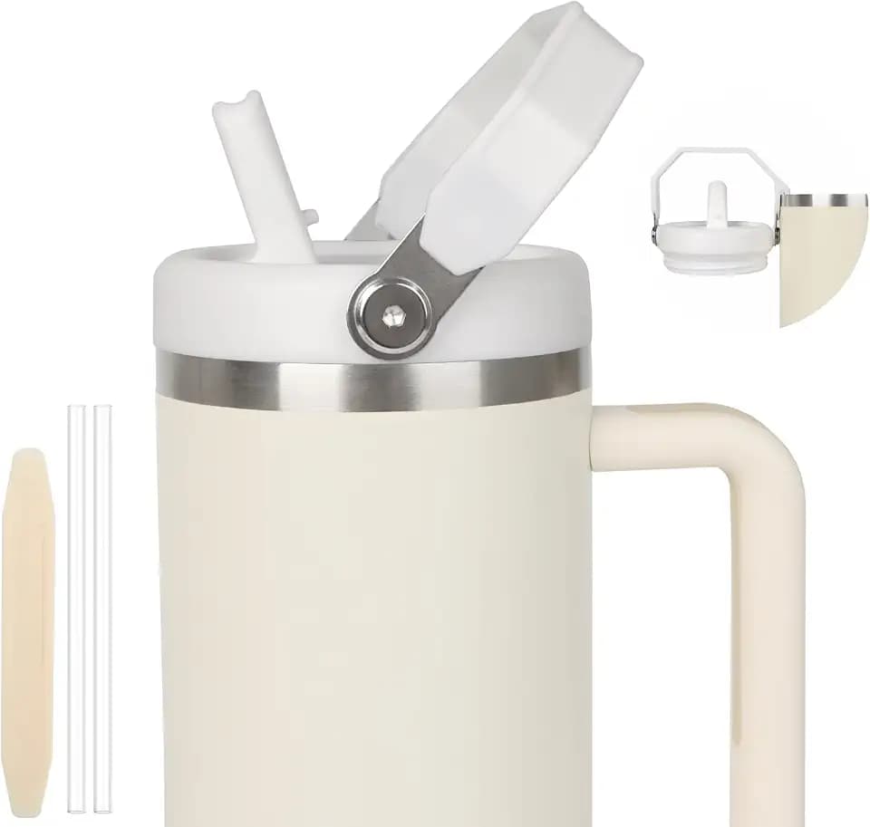 40oz Lid for Stanley Cup, Flip Straw Leak Proof Lids Replacement with Handle for 40oz Stanley Quencher and ProTour, No Spill Lids Reusable Removable Replacement Accessories for StanleyCup, (White*1)