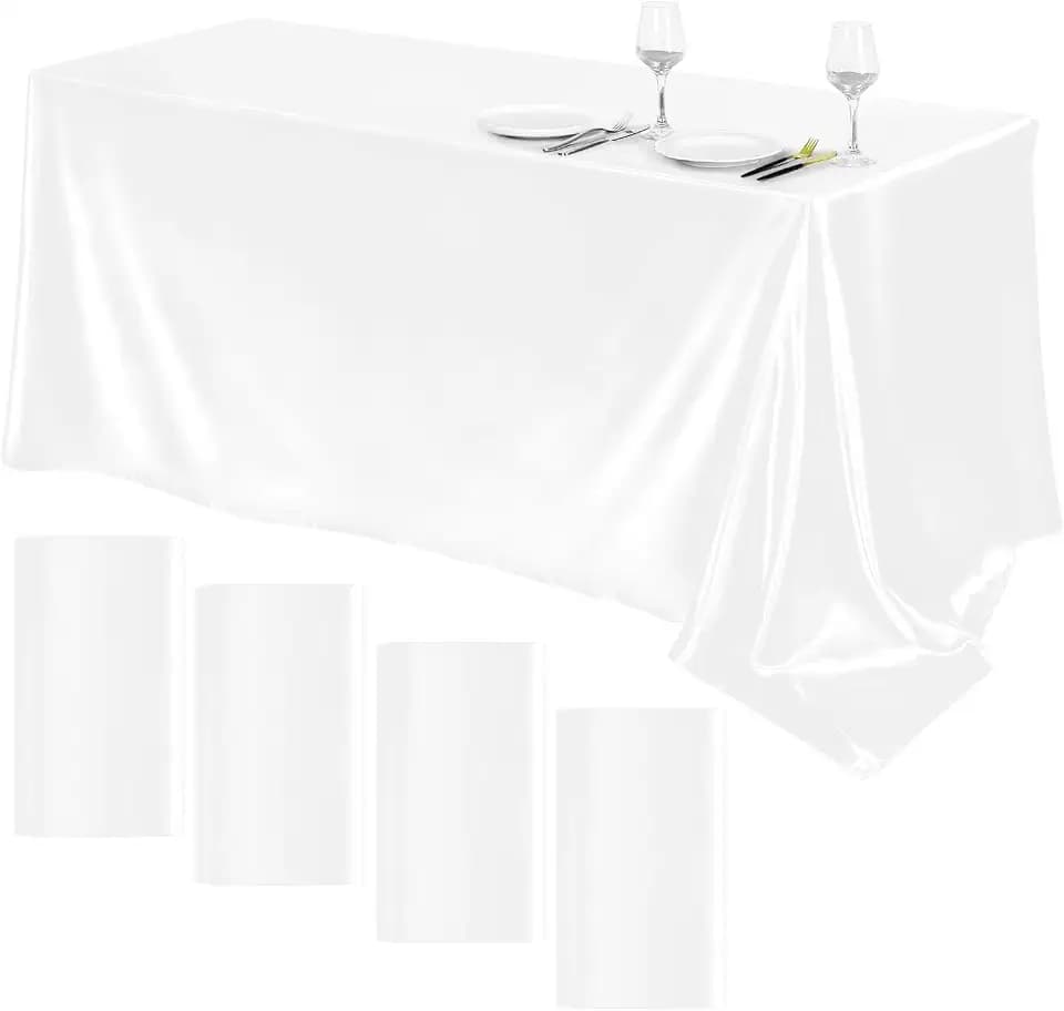 TURSTIN 4 Pack White Satin Tablecloth 102 x 58 Inch Overlay Table Cover