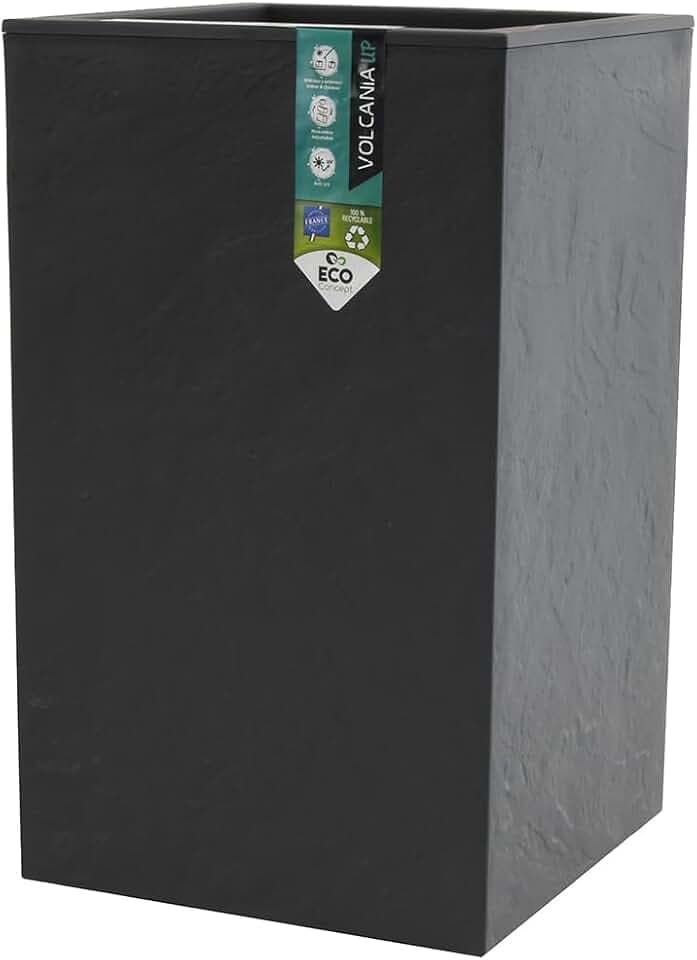 EDA Volcania'Up Blumentopf, quadratisch, hoch, 36 l, Steinoptik, einwandig, Wasserspeicherbereich, 29,5 x 29,5 x 49,5 cm, Anthrazitgrau