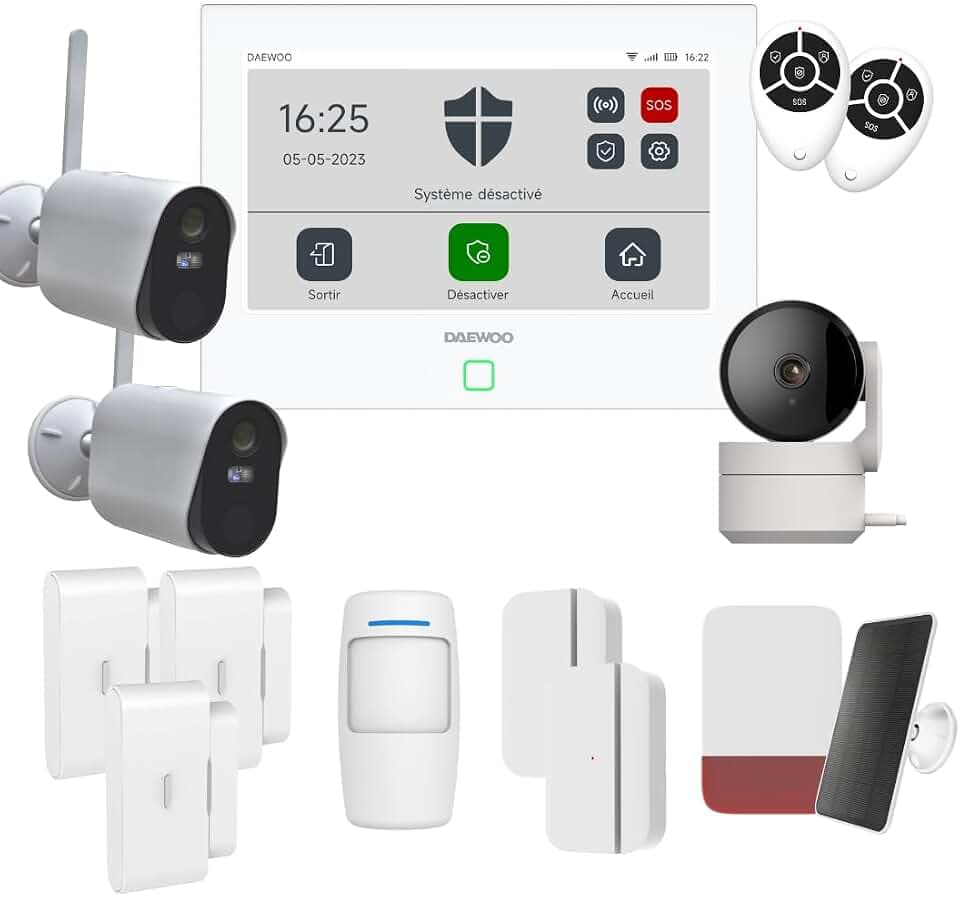 Daewoo Alarmanlage, WiFi/GSM Touch, 7 Zoll (17,8 cm), AM507L, kabelloses und ohne Abonnement, Tierfreundlich, Detektoren inklusive + Überwachungskamera, Full HD, Mobile App inklusive