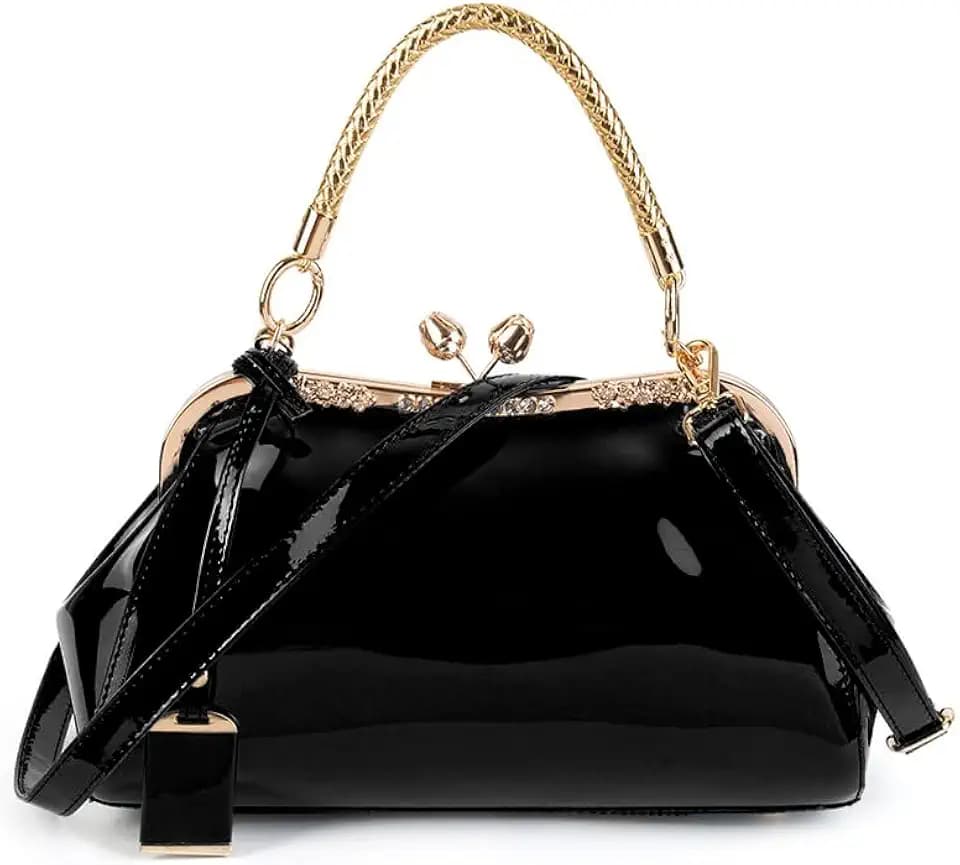 Women Patent Leather Evening Bag,Kiss‑Lock Handbag Purse for Wedding Party