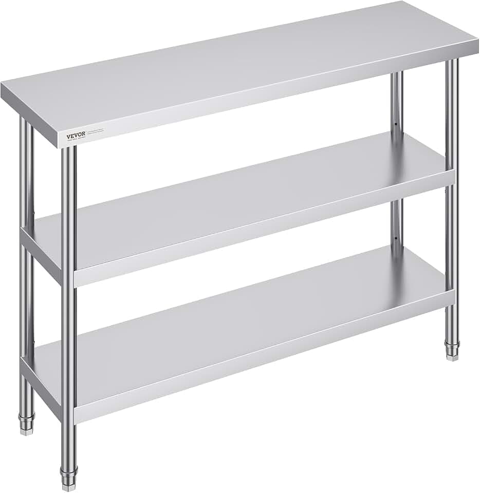 VEVOR Lebensmittel-Zubereitungstisch aus Edelstahl, 356 x 1219 x 864 mm gewerblicher Küchenarbeitstisch, mit 2 verstellbaren Unterregalen, Zubereitungstisch für Grill, Küche, Zuhause und Garage