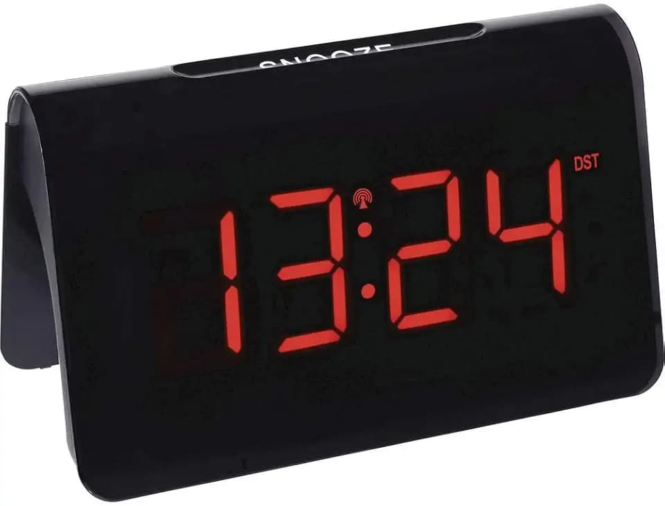 TFA Dostmann ICON Digitaler Funk-Wecker, 60.2543.05, Weckalarm mit individueller Snooze-Dauer, 2 Helligkeitsstufen, sehr helle rote LED-Ziffern, Funkuhr, schwarz