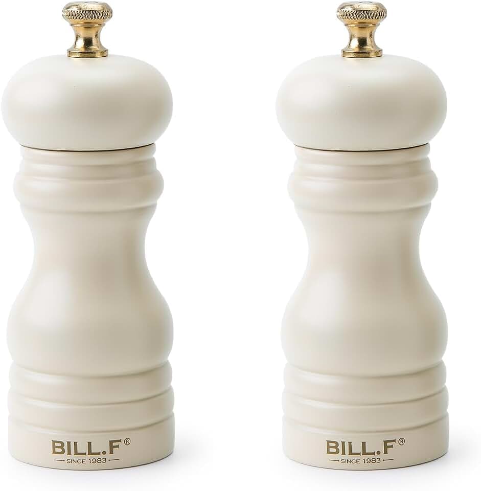 Bill.F Salz- und Pfeffermühlenset, Holzpfeffermühle 2er-Set manuelle Salz- und Pfefferstreuer Mühle nachfüllbar 13,5 cm mit verstellbarem Keramikmahlwerk (2er-Set Creme)