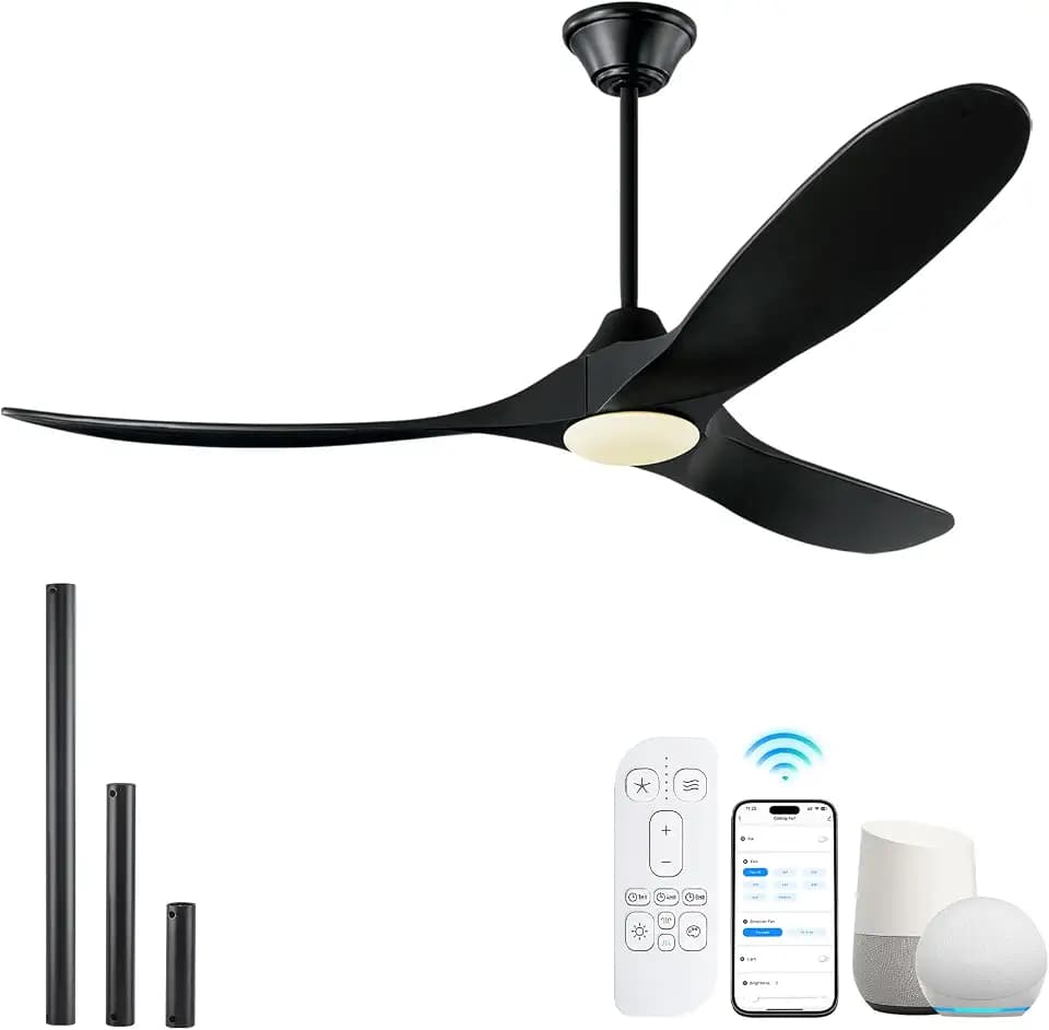 60 inch Black Smart Ceiling Fan with Light, 3 Wood Propeller Blades
