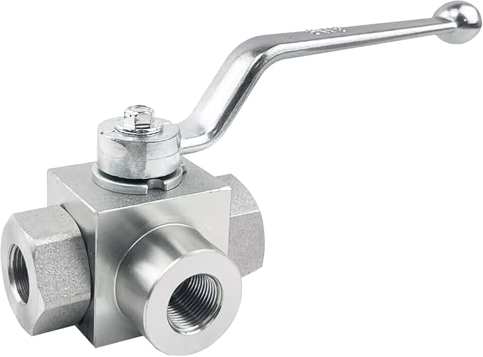 3-Way Hydraulic Ball Valve with 3/4 Inch NPT Female Threads, L-Bore Design, High-Pressure Capable