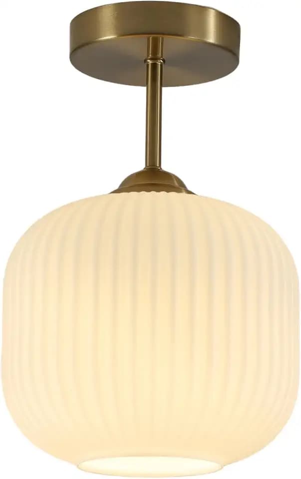 Gold Milk Glass Semi Flush Mount Light Vintage White Ribbed Flush Mount Ceiling Light Small Hallway Globe Ceiling Light Fixtures for Bedroom Entryway
