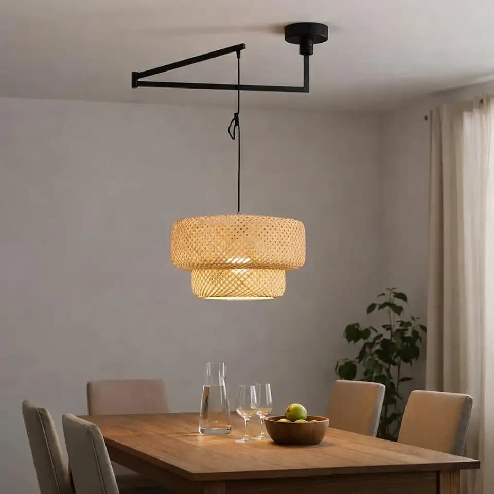 Adjustable Arm Bamboo Pendant Light Fixture, Boho Swing Arm Basket Weave Hanging Light, Vintage Round Shape Ceiling Pendant Light for Kitchen Island Dining Room (Black)