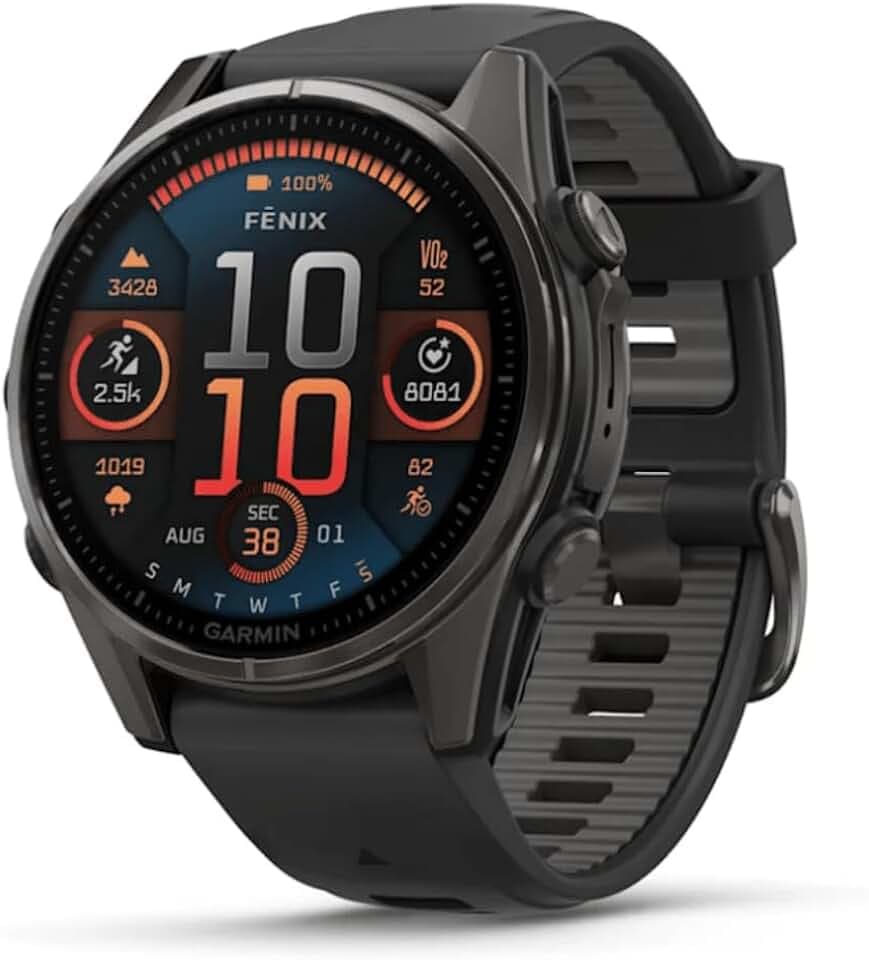 Garmin Fenix 8–43 mm, AMOLED, Saphir, Carbongrau, DLC Titan mit schwarz/kieselgrauem Silikon