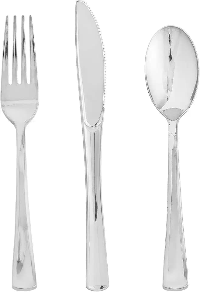FOCUSLINE 75 Pack Silver Plastic Silverware, Disposable Cutlery Set