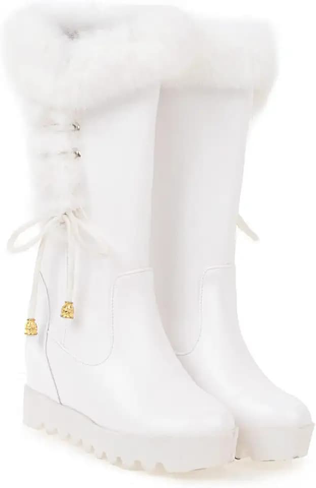 Women's Mid-Calf Winter Platform Hidden Wedge Boots Slip-on Thick Rabbit Fur Collar Warm Waterproof Stretch Leather Non-slip Snow Boot
