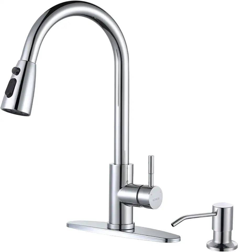 Chrome Kitchen Faucet with Soap Dispenser, WOWOW Stainless Steel Faucet for Kitchen Sink 2 or 4 Hole, High Arc Single Handle Pull Down Kitchen Faucet for Sink, RV, Laundry, Bar