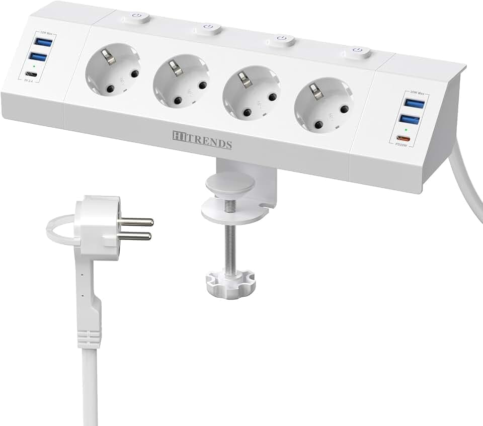 Tischsteckdose mit USB, 4 Fach Steckdosenleiste Schreibtisch mit Einzeln Schalter, 10-in-1 Ecksteckdose mit 4 USB A & 2 USB C (PD 20W) mit 3M Kabel, Überspannungsschutz Steckdose Tisch, Weiß