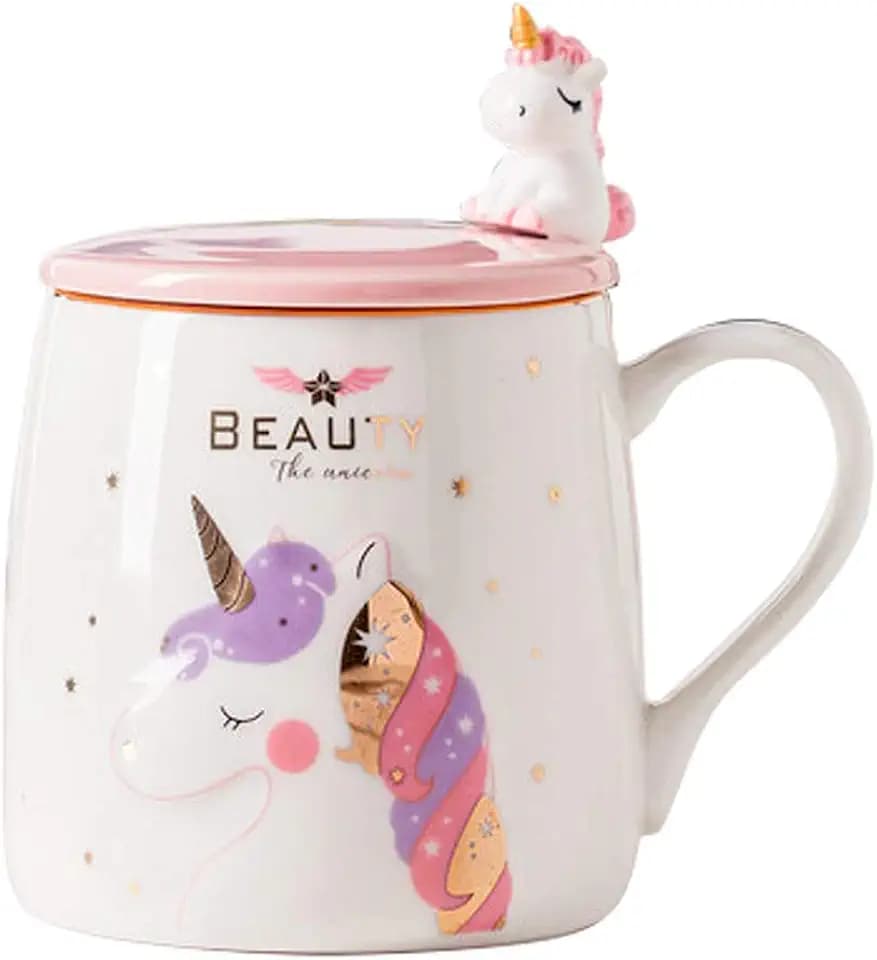 BigNoseDeer Einhorn-Becher, keramische Kaffeetasse mit lieblichem Einhornlöffel, Morgen Cup,Kaffee,Tee,Milch, Weihnachten Becher, Geschenk für Mädchen Einhorn Liebhaber 380ML