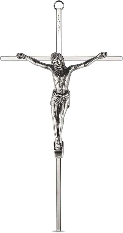 Kruzifix Jesus Wandkreuz aus poliertem Metall, für Heimdekoration und Geschenk, 24 cm, Antiksilber