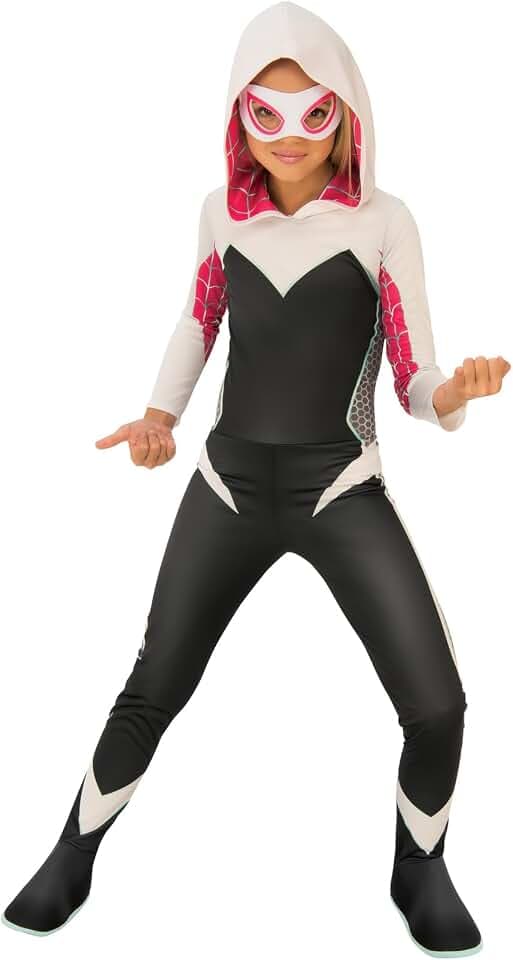 Rubies Spider Gwen Classic Mädchen Jumpsuit mit angebrachter Kapuze, Stiefelüberzug und Augenmaske, offizielles Marvel-, Spider-Mann-Kostüm, für Karneval, Halloween, Weihnachten und Geburtstag