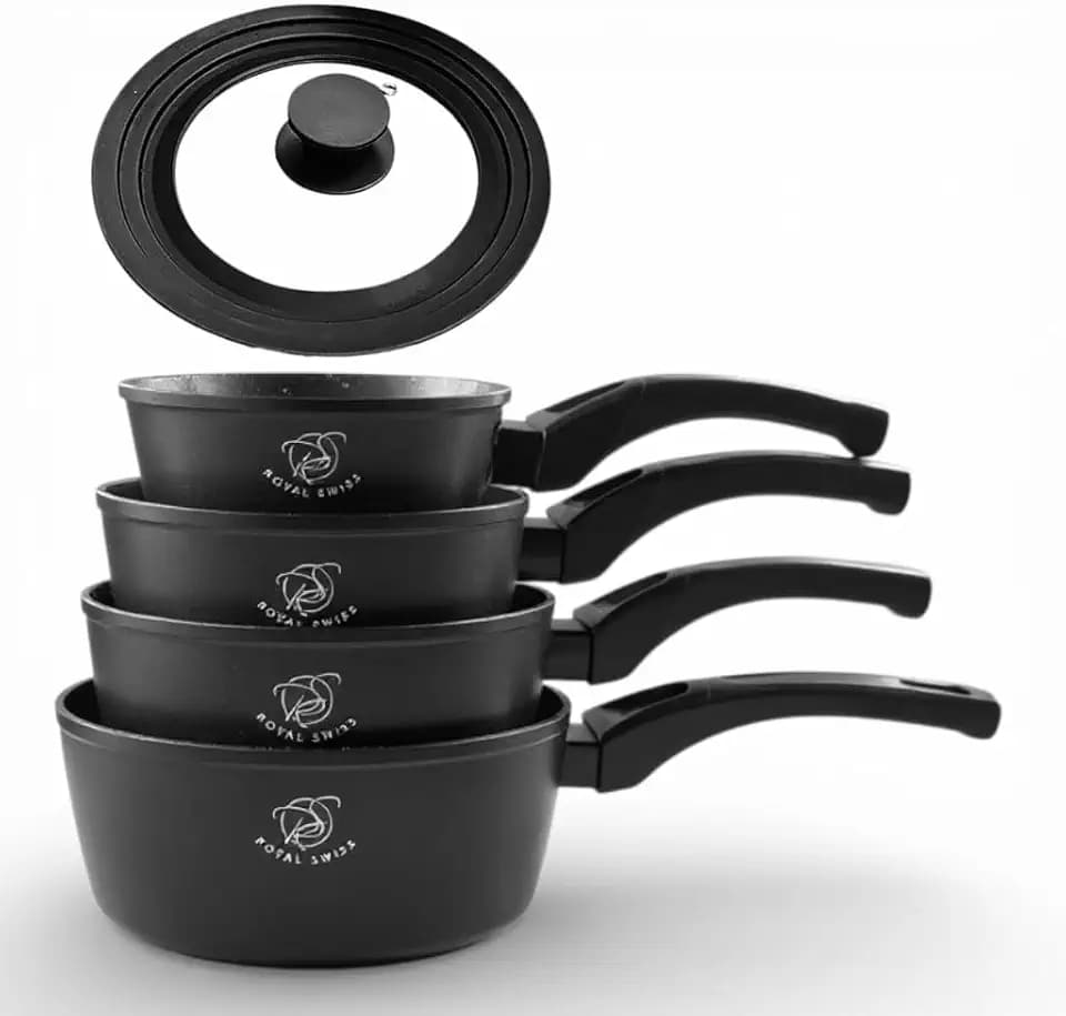 Royal Swiss® 5-teiliges Töpfe-Set mit abnehmbarem Griff | Kochtöpfe 14/16/18/20 cm + Universal-Glasdeckel | Induktionsgeeignet, Platzsparendes Kochset für alle Herdarten (Schwarz, normal)