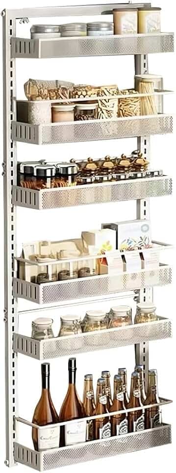 GarveeLife Tür Türorganizer Hängeorganizer 6 Etagen, Türregal zum Einhängen Metall mit Verstellbarem 6 Körben, Wandmontage-Gewürzregal Badregal Ohne Bohren für Küche, Schrank, Bad, 44x16x126cm, Weiß