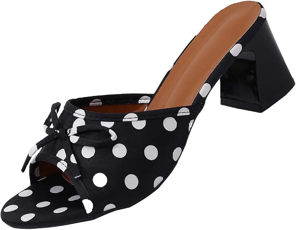 Women's Polka Dots Bow Knot Heeled Mule Sandals Round Toe Trendy Slide Sandals Large-Size Casual Summer Fashion Shoes for Daily Party