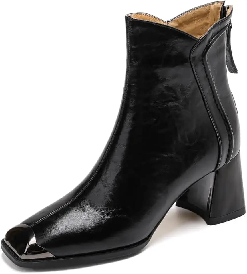 TinaCus Metal Square Toe Genuine Leather Handmade Back Zipper Mid Chunky Heels Women's Ankle Boots