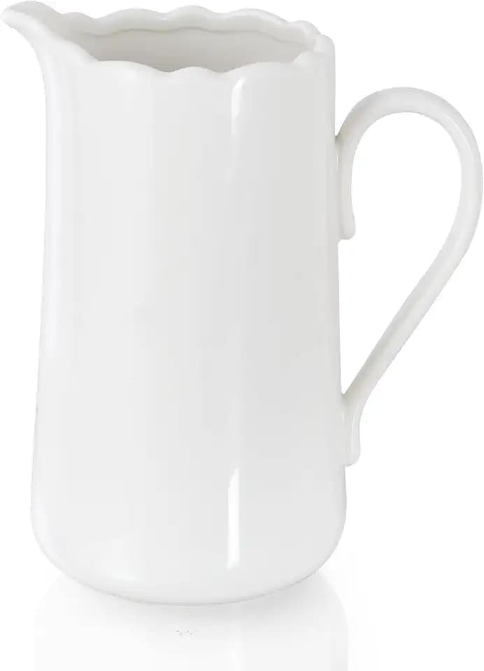 White Ceramic Pitcher Vase, 8" Jug 1.5L Water Pitcher 50 Oz Versatile Jug Farmhouse Flower Vase for Home Décor, Utensil Holder Kitchen Storage Pot, for Home Office Hotel, Dishwasher & Microwave Safe