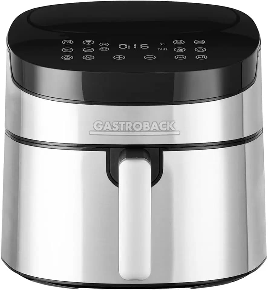 GASTROBACK #42583 Design Heißluftfritteuse Air Pro XXL, Air Fryer mit 6,5 Liter Füllvolumen, 8 voreingestellte Programme, Touch-Bedienfeld, Silber-schwarz