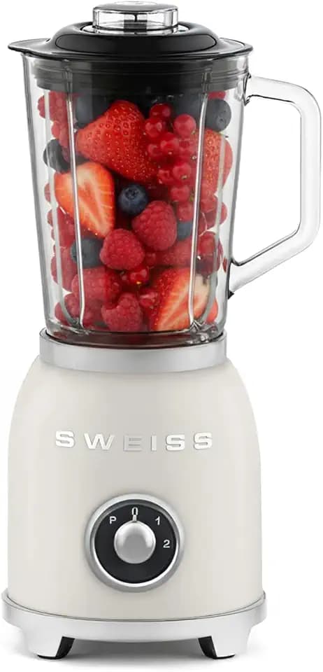 SWEISS Blender Smoothie Vintage MXV8, 2 Geschwindigkeiten und Pulsfunktion, 6 Edelstahlklingen, 1,5-L-Kapazität, Glasbehälter, rutschfeste Füße, Sicherheitsverschluss, 1000 W, Beige