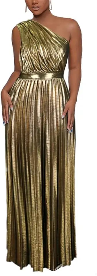 AOMEI Women's Luxury Metallic One Shoulder Sleeveless Elegant Pleated Long Dress