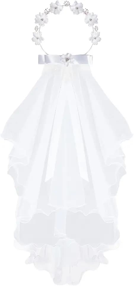 Lystaii Girls First Communion Veil White Bowknot Crystal Rhinestone Veil