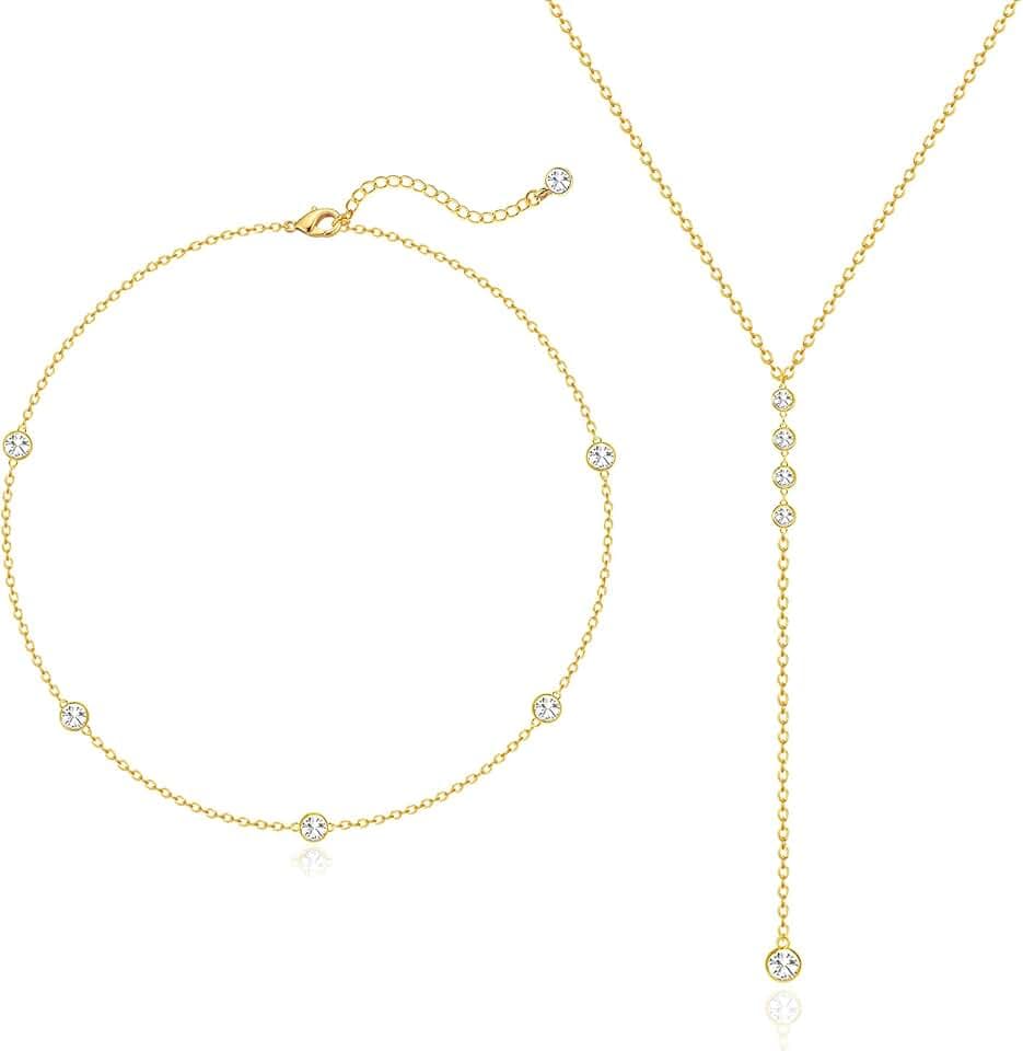 Zeffy Lariat Gold Necklace for Women, Dainty Long Necklace 14k Gold/Silver Plated Layered CZ Beaded Bar Chain Y-Shaped Body Chain Stack Drop Wedding Necklace Trendy Simple Gold Jewelry Gifts