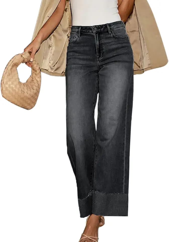 High Waisted Wide Leg Cuffed Jeans for Women Frayed Raw Hem 2026