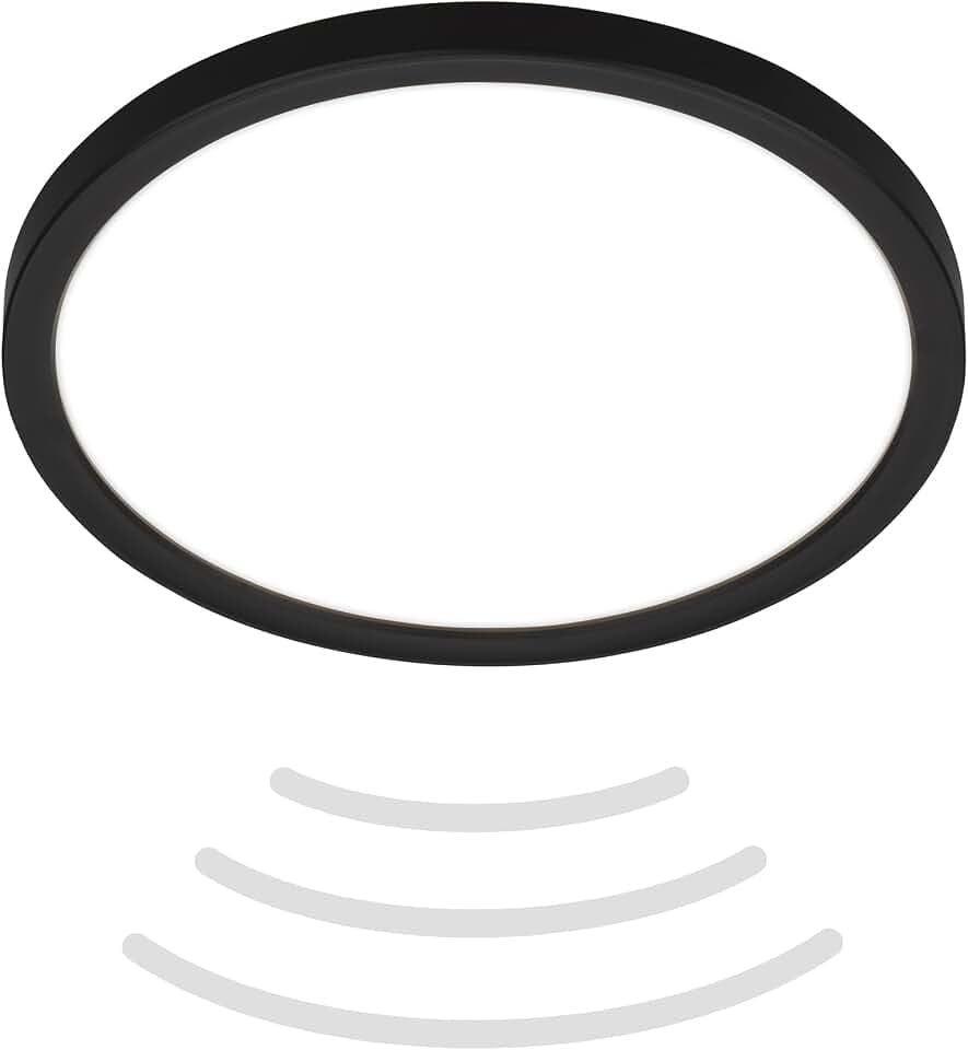 BRILONER - LED Deckenlampe mit Bewegungsmelder 3m Reichweite IP44, neutralweiße Lichtfarbe, flach, 120 Grad Erfassung, Deckenleuchte, LED Panel, Badlampe, Badezimmerlampe, 24x3 cm, Schwarz