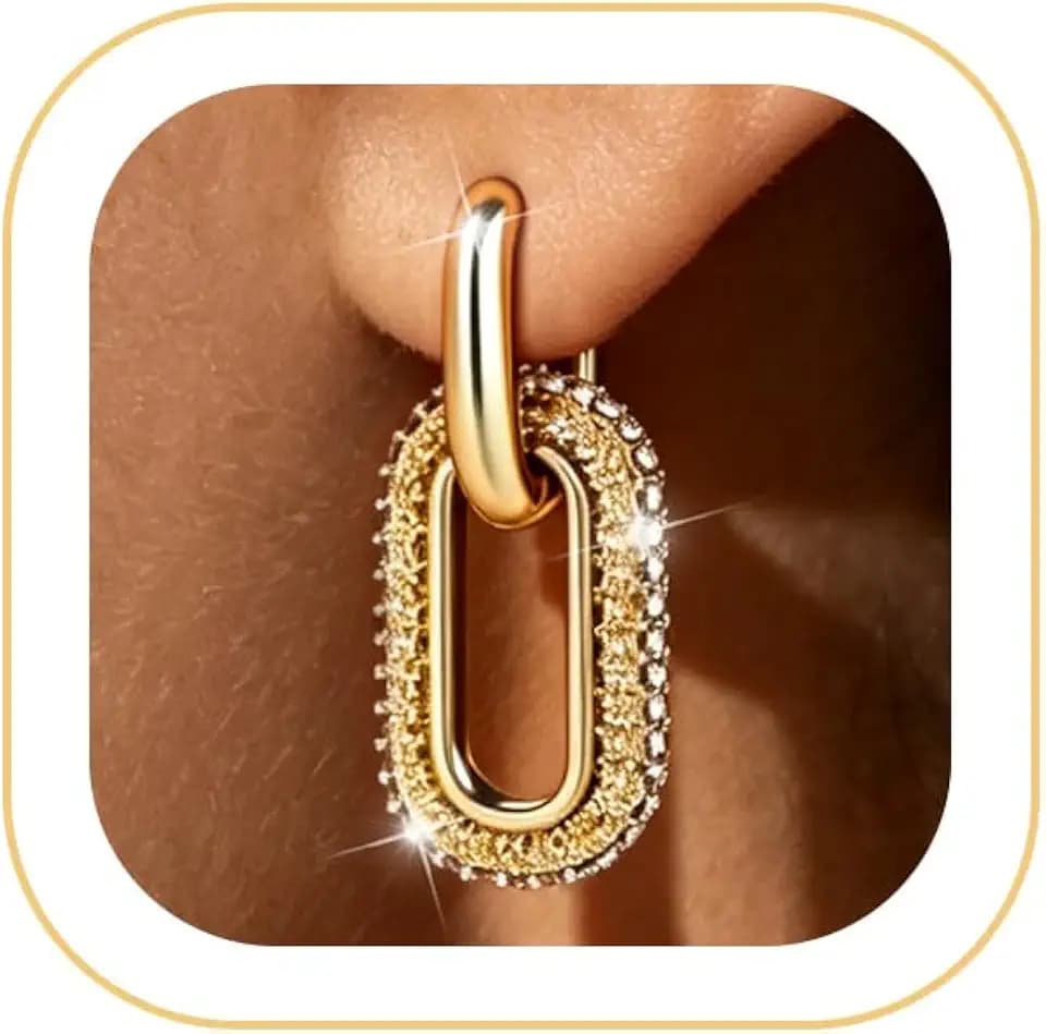 Paperclip Dangle Hoop Earrings Surgical Steel CZ for Women